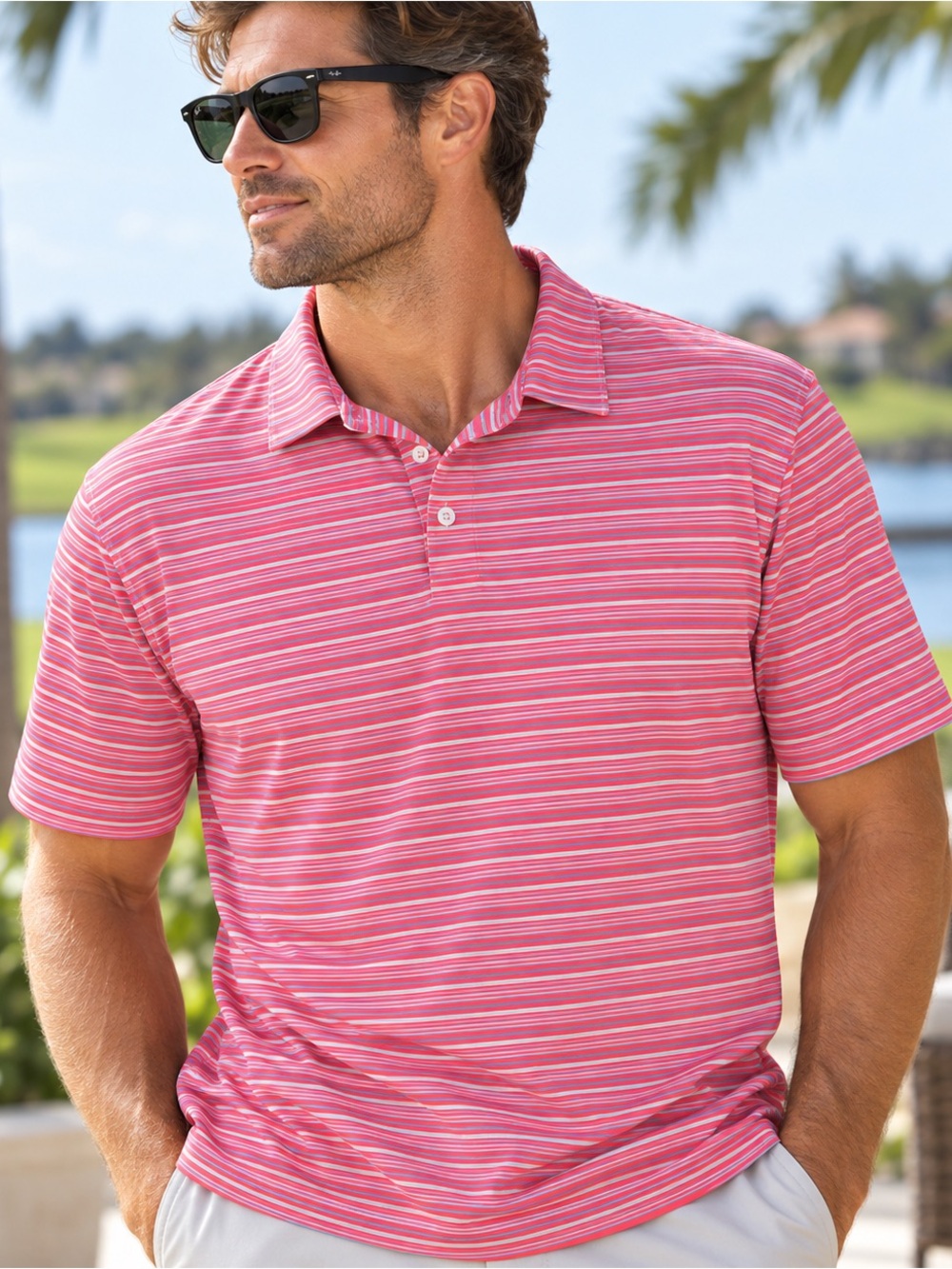 johnnie-O Prep-Formance Striped Golf Polo Men’s L Blossom Pink Stretch #554